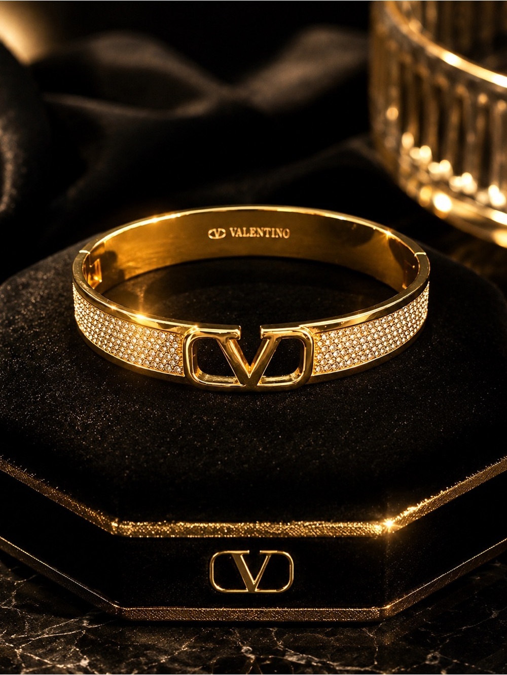 Gold Crystal Pavé V-Logo Bangle Bracelet